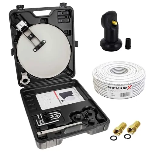 PremiumX Mobile Camping SAT Anlage - Satellitenschüssel mit Single LNB, wettergeschützt, ideal für Film und Sport im Freien