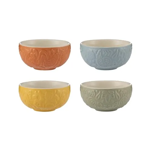 Mason Cash Home to Roost 200 ml Vorbereitungsschalen, Steingut, Folk-inspiriert, Henne und Hahn-Stil, mehrfarbig, Dip- und Dessertschalen, spülmaschinen- und mikrowellengeeignet, Küchengeschirr, 4