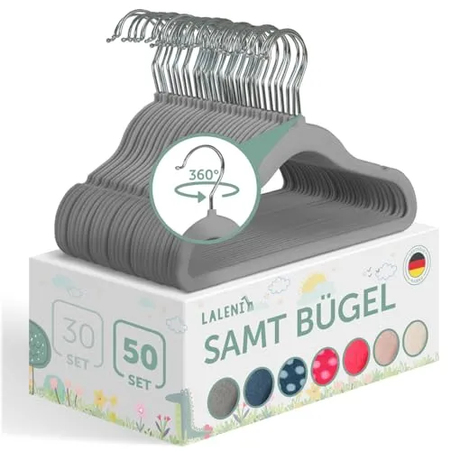 Laleni Kleiderbügel für Kinder - rutschfest und 360° drehbar (50-tlg) - Kleiderbügel für Kinder, ideal für Neugeborene und Familien. Rutschfester Samtbezug und 360° drehbarer Haken sorgen für perfekten Halt und Platzersparnis im Kleiderschrank.