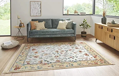 NOURISTAN Teppich Orient Flowers - Rechteckig mit Fransen - Flachgewebe-Teppich in beige/creme, maschinell gewebt aus Viskose und Baumwolle, ideal für Wohnzimmer und Schlafzimmer, pflegeleicht und fußbodenheizungsgeeignet.