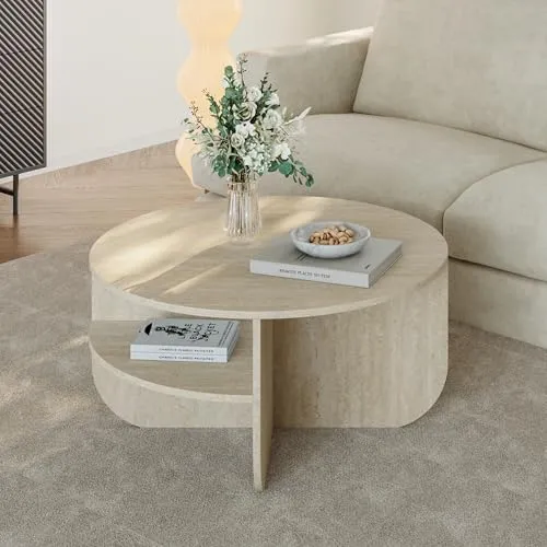 Couchtisch 'Reykhon' Ø80 cm – Moderner Wohnzimmertisch mit Stauraum - Eleganter Couchtisch mit runder Travertin-Tischplatte und zwei praktischen Ablageflächen. Ideal für ein stilvolles Ambiente und zur Aufbewahrung von persönlichen Gegenständen.