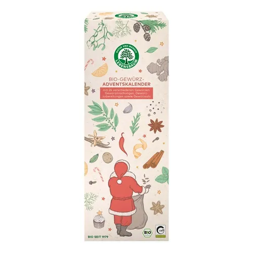 Gewürz-Adventskalender 93g | LEBENSBAUM - Mischungen: Entdecken Sie 24 exquisite Gewürze für eine duftende Adventszeit, perfekt zum Verfeinern Ihrer Lieblingsgerichte.