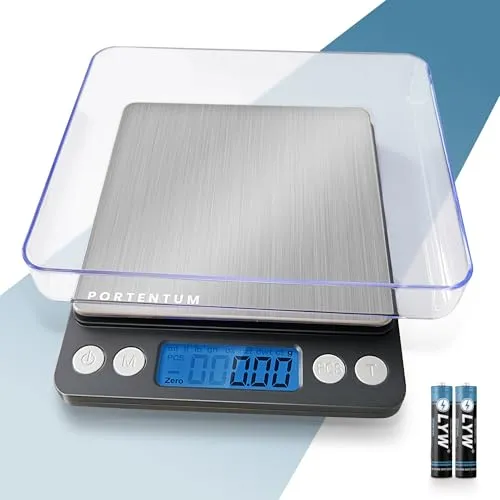 PORTENTUM Küchenwaage Digitale Profi (Hochpräzise 0.01g-500g)- Feinwaage mit LCD Display und 2 Batterien, Briefwaage Abstellautomatik und Tara, Kitchen Scale Klein mit 6 Maßeinheit