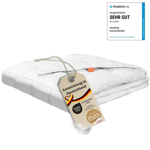 Sleepling 194629 leichte Sommer Daunendecke - Bettdecken aus 90% neuen weißen Daunen, Ökotex-zertifiziert, bietet gleichmäßige Wärmeverteilung und hohen Schlafkomfort, waschbar bis 60 Grad.