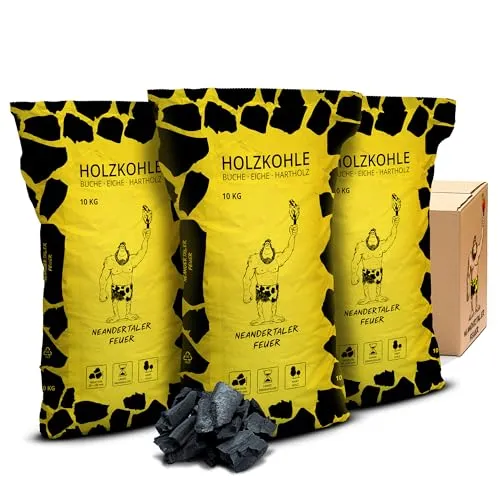 Neandertaler Feuer Grillkohle - 30 kg Buchenholzkohle für BBQ und Smoker - Hochwertige Grillkohle aus Buche für gleichmäßige Hitze und rauchigen Geschmack. Ideal für Steak und BBQ, sorgt für Restaurantqualität zu Hause. Perfekt für Grillen, Braten und Räuchern.