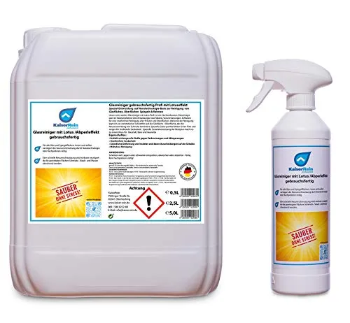 KaiserRein Glasreiniger mit Lotus-Effekt 0,5L + 5L Nachfüllkanister - Reinigungsmittel für streifenfreien Glanz und antistatische Wirkung, ideal für Haushalt und Gewerbe. Enthält Lotus-Effekt für langanhaltende Sauberkeit.