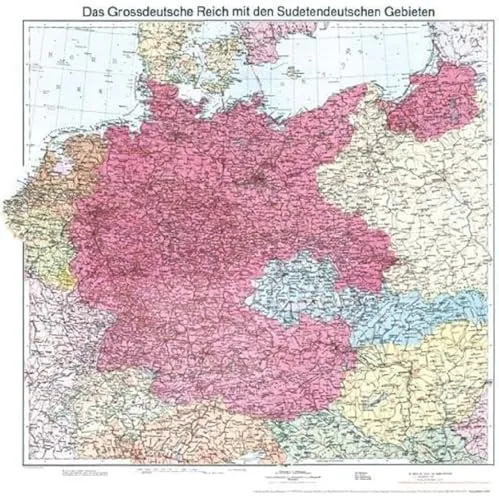 Historische Karte Deutschland 1938 mit Sudetenland - Detailreiche gerollte Karte des Deutschen Reichs 1938 inklusive Sudetenland, perfekt für Sammler und Geschichtsinteressierte.