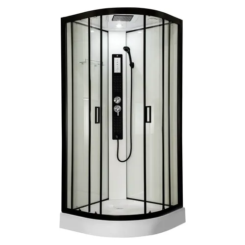 Kabine mit Hydromassage 90x90 cm - Schwarz - Duschkabine mit Hydromassage, 90x90x216 cm, 4 mm vorgespanntes Glas und Aluminiumprofil. Genießen Sie die entspannende Hydromassage mit 100 Düsen und modernem Touch-Bedienfeld.
