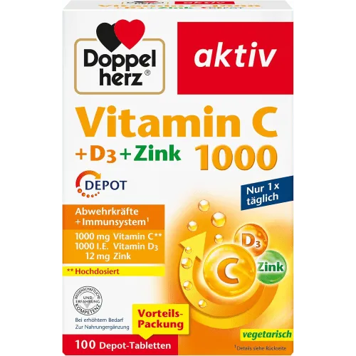 Doppelherz Vitamin C 1000 + D3 + Zink - Immunsystem stärken - Vitamin C Präparate; Hochdosierte Tabletten mit 1000 mg Vitamin C, 1000 I.E. Vitamin D3 und 12 mg Zink für eine optimale Unterstützung des Immunsystems und Zellschutz durch DEPOT-Wirkung. Gluten- und lactosefrei.