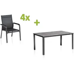 KETTLER BasicPlus Premium Garten-Essgruppe – Anthrazit, 4 Stapelsessel - Hochwertige Gartenmöbelgarnitur mit KETTLER Cubic Tisch (160x90 cm) und 4 Stapelsesseln. Langlebig, pflegeleicht und wetterfest für entspannte Stunden im Freien.