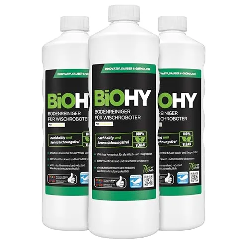 BiOHY Bodenreiniger für Wischroboter (3 x 1 Liter) | Reinigungsmittel Konzentrat für alle Wisch & Saugroboter mit Nass-Funktion | Schaumarm & Streifenfrei | Für alle Böden