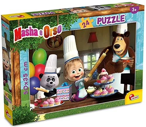 Lisciani - MASHA UND DER BAR - Doppelseitiges Puzzle mit 24 Teilen - Rückseite zum Ausmalen - Spiel zur Förderung von Denkvermögen und Geduld - Bildungsspiel - Für Kinder ab 3 Jahren.