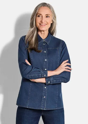 GOLDNER Hemdbluse Kurzgröße: Stilvolle Denim-Bluse mit Druckknöpfen Baumwollshirt mit Kontrastnähten, Hemdkragen und Langarm