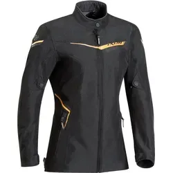 Ixon Slash Damen Motorrad Textiljacke - Schwarz-Gold, Größe XS - Robuste 600D Polyesterjacke mit wasserdichter und atmungsaktiver Membran sowie einem vollständig entfernbaren Thermofutter für optimalen Tragekomfort bei jedem Wetter.