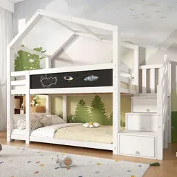 Flieks Etagenbett 90x200cm - Platzsparendes Hochbett für 2 Kinder mit sicherer Schubladentreppe und kreativer Kreidetafel – ideal für kleine Räume und große Ideen!