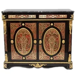 Casa Padrino Barock Boulle Kommode Schwarz / Gold / Rot mit Marmorplatte 125 cm - Möbel Schrank Sideboard