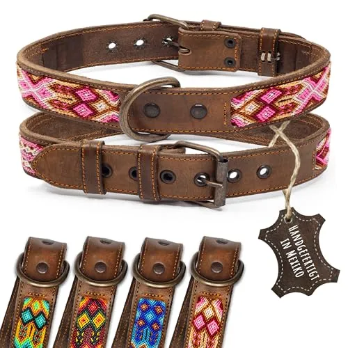 ALTEZAR Pinkes Hundehalsband aus Leder - Handgemacht in Mexiko, Größe L - Hochwertiges Echtleder Hundehalsband mit einzigartigem Tribal-Muster, weich und bequem für große Hunde. Ideal für stilbewusste Hundeliebhaber!