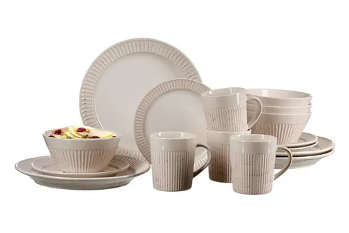 Ritzenhoff Breker KRETA Kombiservice 16-teilig für 4 Personen - Komplett-Service aus beige Steingut mit elegantem Reliefmuster, ideal für stilvolle Dinnerpartys und den täglichen Gebrauch.