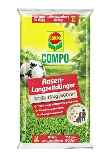 COMPO Rasendünger 15 kg - 3 Monate Langzeitwirkung für einen dichten, grünen Rasen - Premium Rasendünger für Zier-, Sport- & Spielrasen, tierfreundlich und ideal für den Saisonstart. Sorgt für gleichmäßiges Rasenwachstum und kann sofort von Kindern und Tieren betreten werden.