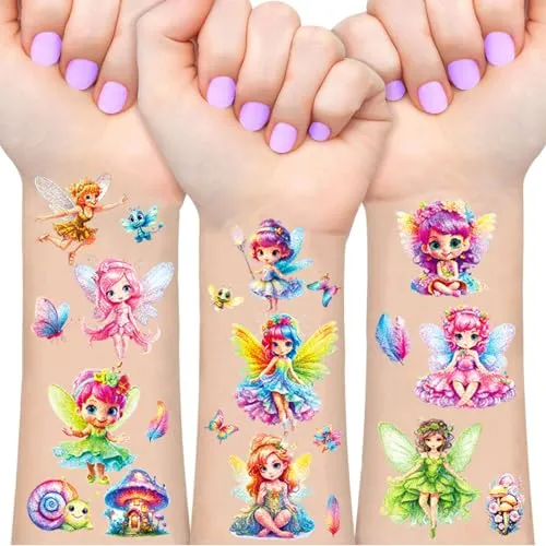 Fee Glitzer Tattoo Set Kinder, 12 Blätter Blumenfee Temporäre Glitzer Tattoo Kinder, Fee Tattoos Spielzeug für Mädchen, Geburtstag Party Geschenk Kleine, Hautfreundliche Temporäre