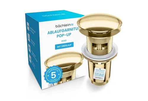 Bächlein Ablaufgarnitur Pop Up - Werkzeugloser Einbau in Gold - Ablaufgarnitur für Waschbecken mit Click Clack Funktion und Überlauf, einfach zu installieren und elegant in Gold. Ideal für moderne Badezimmer.