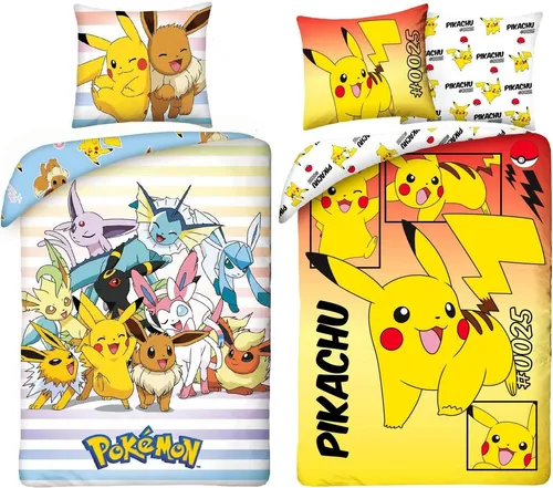 Pokemon Pikachu Bettwäsche-Set 135x200 cm mit Wendemotiv - Hochwertiges Bettwäsche-Set für Einzelbetten mit buntem Pikachu-Motiv, aus 100% Baumwolle, maschinenwaschbar bei 40°C, ideal für das Kinderzimmer.