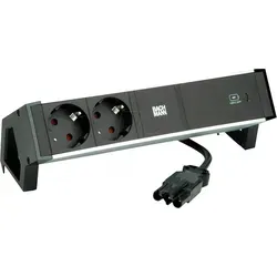 Bachmann DESK2 ALU BLACK Steckdosenleiste - Steckdosenleisten mit 2x Schutzkontakt und 1x USB-C Charger 60W, ideal für sicheres Laden und Stromversorgung am Arbeitsplatz.