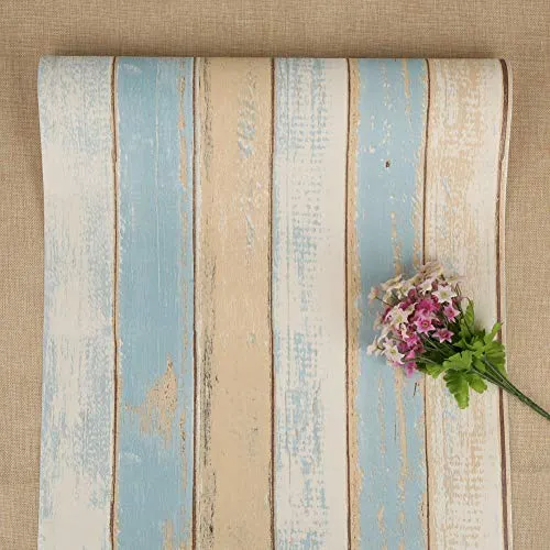 FENTIS Holz-Tapete Braun-Blaue Selbstklebende Tapete Holzstreifen Peel und Stick Wallpaper Wenden Sie Sich an Paper Streifen Abnehmbare für Küchentür Kabinett Bartheke Schlafzimmer 44.5x500cm
