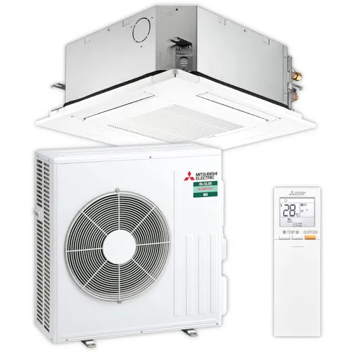 Mitsubishi Electric Deckenkassette Set 5,7 kW mit IR-Fernbedienung - Klimaanlage, 4-Wege-Deckenkassette mit nur 245 mm Einbautiefe, ideal für niedrige Räume und Modernisierungen, inkl. effizienter Steuerung und R32 Kältemittel für umweltfreundlichen Betrieb.