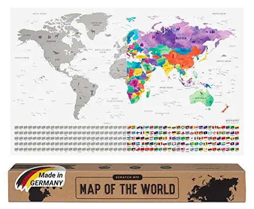 envami® Weltkarte zum Rubbeln I Silber I Made in Germany I Englisch I 68 x 43 cm I Landkarte zum Rubbeln I zum Freirubbeln I Rubbelweltkarte zum Freikratzen I Scratch Off Map