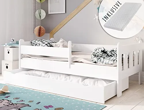 Kids Collective Kinderbett 80x180 cm mit Matratze und Schublade - Kleinkindbett mit 6 cm Kaltschaummatratze, abnehmbarem Bezug und integrierter Schublade für Ordnung. Sicherheit durch beidseitig anbringbare Barriere und zertifizierte Materialien.