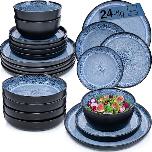 SÄNGER Aruba Tafelservice 24-teilig - Kombiservice für 6 Personen, handgefertigtes Steingut Geschirr Set in blau mit schwarzem Rand, kratzfest und spülmaschinengeeignet für stilvolle Tischarrangements.