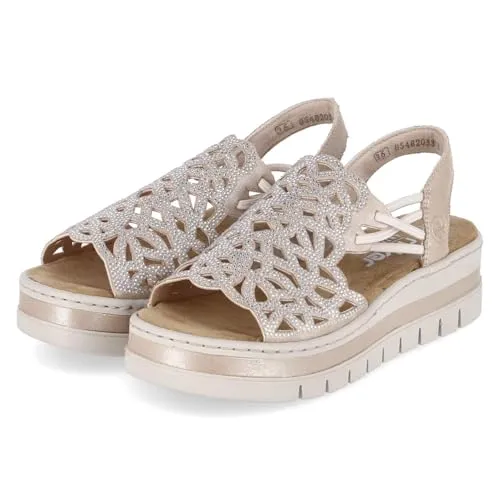 Rieker Damen Hochfront Sandale V4941 mit Strass und Plateausohle in Beige, Größe 39 EU - Elegante Damen Hochfront Sandale mit funkelndem Strassbesatz und bequemer Plateausohle. Ideal für schmale Füße, sorgt für komfortablen Halt und einen glamourösen Auftritt bei jedem Anlass.
