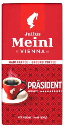 Meinl Präsident Tradition Mahlkaffee - 500 g - Genießen Sie den kräftigen Geschmack und das unvergleichliche Aroma dieses speziell gerösteten Hochlandkaffees aus Zentral- und Südamerika. Ideal für Kaffeeliebhaber, die Wiener Kaffeekultur schätzen.