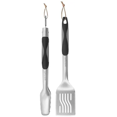 GEDA Grill Edelstahl Grillbesteck Set 2tlg, BBQ Toolset universal, Grillzange Grillwender mit Aufhänge-Ösen