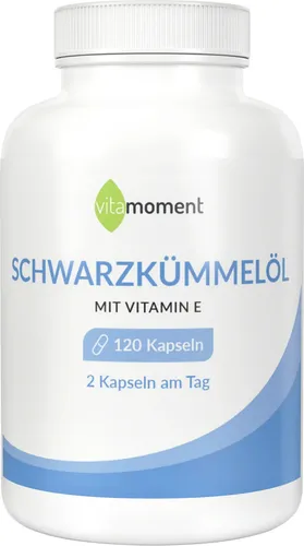VitaMoment Schwarzkümmelöl mit Vitamin E 120 Kapseln - Hochwertiges Schwarzkümmelöl in praktischen Kapseln mit natürlichem Vitamin E für eine stabile Ölqualität. Ideal für alle, die pflanzliche Öle ohne starken Eigengeschmack nutzen möchten.