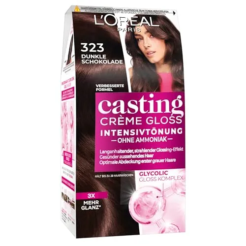 L'Oréal Paris Casting Crème Gloss Haarfarbe, Nr. 323 Dunkle Schokolade - Intensivtönung für strahlende Farben und geschmeidiges Haar. Mit pflegendem Balsam für bis zu 8 Wochen Farbglanz und optimale Grauabdeckung. Einfach in der Anwendung für ein harmonisches Farbergebnis.