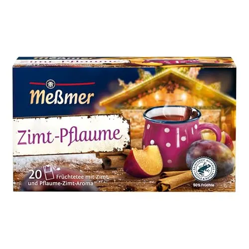 Meßmer Zimt Pflaume - Früchtetee mit Pflaumenaroma - Tees mit fruchtiger Pflaume und würzigem Zimt für ein weihnachtliches Geschmackserlebnis. Vegan, glutenfrei und laktosefrei – der perfekte Genuss für die kalte Jahreszeit!
