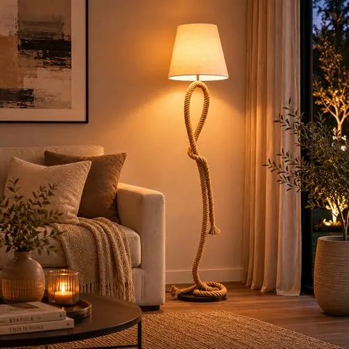 Lightbox Standleuchte 1-flammig - Elegante Stehleuchte in Natur/Weiß - Stilvolle Stehleuchte mit natürlichem Design und einem dekorativen Seilfuß für eine warme Atmosphäre in Wohnzimmer und Schlafzimmer. E27 Fassung für energieeffiziente LED-Leuchtmittel.