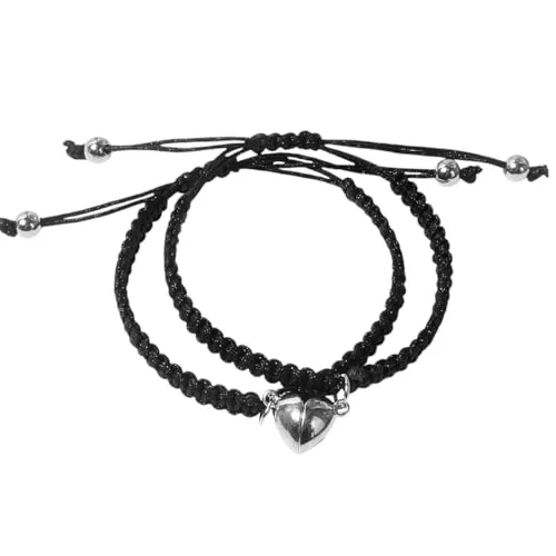 meberg Freundschaftsarmbänder Herz Schwarz Partner-Armbänder Pärchenschmuck Armband Schwarz Silber mit Herz-Anhänger verstellbare Größe