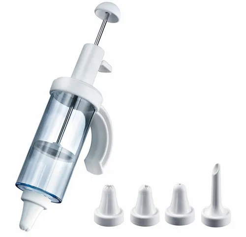 Westmark Garnier- und Krapfenspritze mit 5 Tüllen - Praktische Garnier- und Krapfenspritze mit Druckknopf und 5 Form-Tüllen für kreatives Dekorieren und Füllen von Süßspeisen. Einfach zu reinigen und ideal für den Einsatz in der Küche.