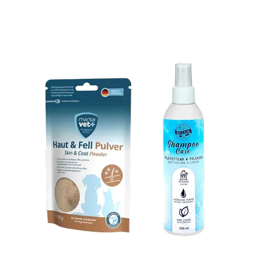 Bellfor Sparset gegen Schuppen beim Hund mit Shiimun Skin und Hundeshampoo Care - Sparset für Hunde mit Schuppen: Shiimun Skin (50 g) und Bellfor Hundeshampoo Care (250 ml). Mit natürlichen Inhaltsstoffen zur Unterstützung der Hautpflege und einfachen Anwendung.