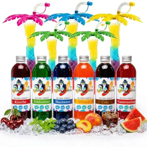 Slush Sirup Partyset 6 Sorten 250 ml mit bunten Palmen - Erleben Sie erfrischende Slush Drinks mit unserem Partyset! Sechs köstliche Sorten und fünf farbenfrohe Palmen für die perfekte Dekoration. Ideal für Partys und besondere Anlässe!