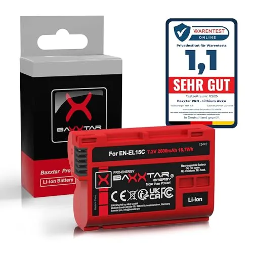 Baxxtar EN-EL15c Kamera Akku 2600mAh Kompatibel mit Nikon Z5 Z6 Z6II Z7 II Z8 D500 D600 D610 D750 D780 D800 D810 D850 D7000 D7100 D7200 D7500 EN-EL15b EN EL15 EL15b EL15c
