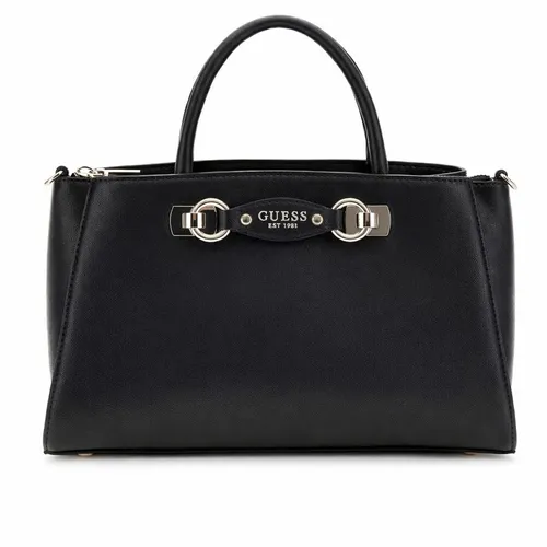 Guess Mimina Girlfriend Satchel Tasche Schwarz - Elegante Handtasche aus Kunstleder mit doppeltem Knopfverschluss und verstellbarem Schulterriemen. Ideal für stilbewusste Frauen, die Funktionalität und Design schätzen.