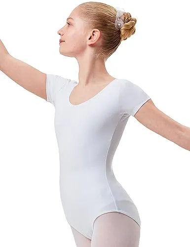 tanzmuster Ballettanzug Mädchen Kurzarm - Sally - aus weichem Baumwollstoff - Ballett Trikot Ballettbody in weiß, Größe 104/110