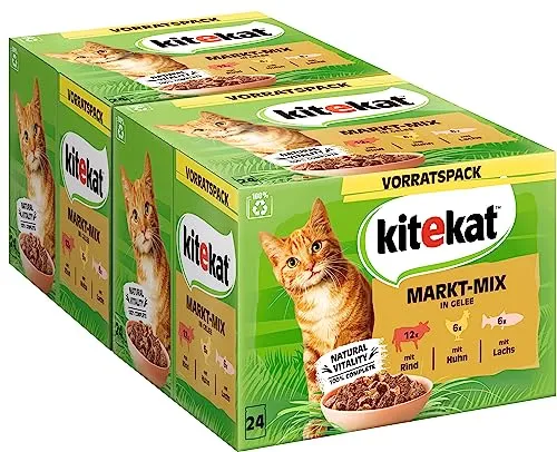 Kitekat Katzenfutter Markt-Mix in Gelee – 2er Pack (48 Portionsbeutel) - Vollwertiges Nassfutter mit hochwertigen Zutaten für eine ausgewogene Ernährung. 100 % komplett ohne künstliche Konservierungsstoffe, ideal für die tägliche Fütterung.