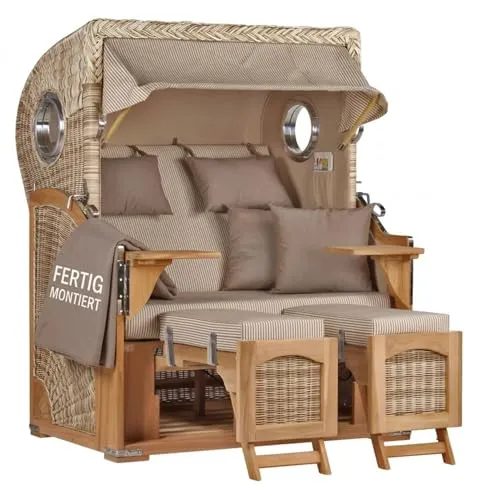 MR.DEKO Strandkorb Düne Bullauge Teak PE Shell 2-Sitzer - Premium Strandkorb aus massivem Teakholz mit edlem PE-Geflecht, komplett montiert und ideal für entspannte Stunden im Freien. Ausziehbare Fußstützen und zwei Schwenktische bieten zusätzlichen Komfort.