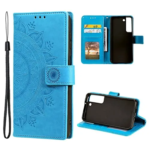 CoverKingz Handy Cover kompatibel mit Samsung Galaxy S22 5G - Handytasche mit Kartenfach Klapphülle - Bookcase Hülle aufklappbar Motiv Mandala Blau
