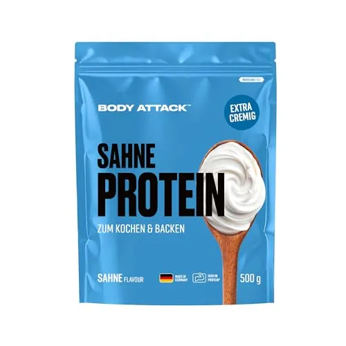 Body Attack Sahne Protein 500 g – Cremige Protein Alternative für Backen & Kochen - Vielseitige Protein-Sahne mit 76 % Whey- und Casein-Protein. Ideal für Pancakes, Kuchen und cremige Saucen. Ohne Zuckerzusatz und mit Laktase – perfekt für genussvolles Kochen und Backen!